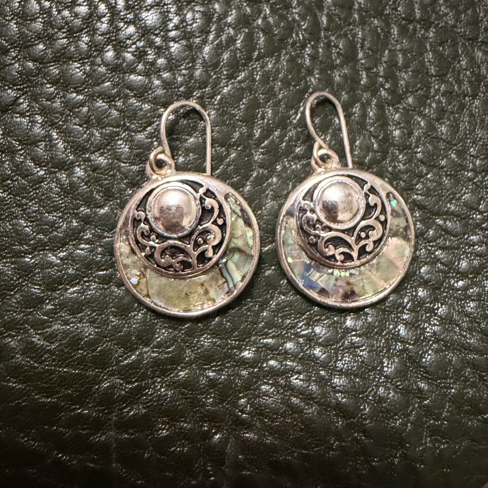 Abalone Disk Earrings, Dangle Earrings, Filigree Circle Drop Earrings